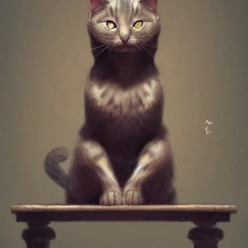 Prompt: A little kitty sitting on a table, Graceful body structure,Symmetrical face,highly detailed,elegant,Marc Simonetti and Caspar David Friedrich, Trending on artstation