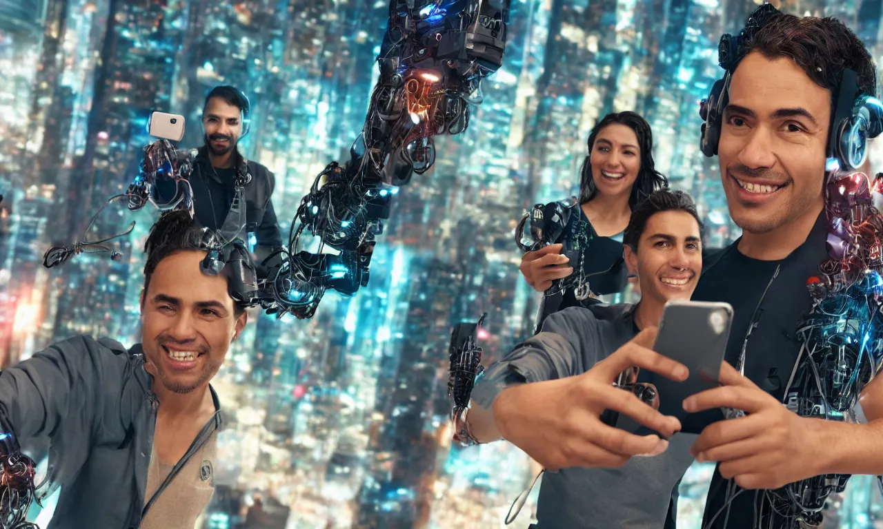 Prompt: A selfie of a latino scientist guy with some cyborg clients behind him smiling at the cellphone. Cyberpunk style. 4K ultra hd, super detailed, octane render, portrait photo.