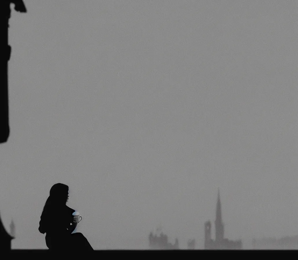 Image similar to the silhouette of a woman drinking coffee, looking out to an old medieval town, over the shoulders shot, cinematic, 4 k, detailed, 3 5 mm film, black and white