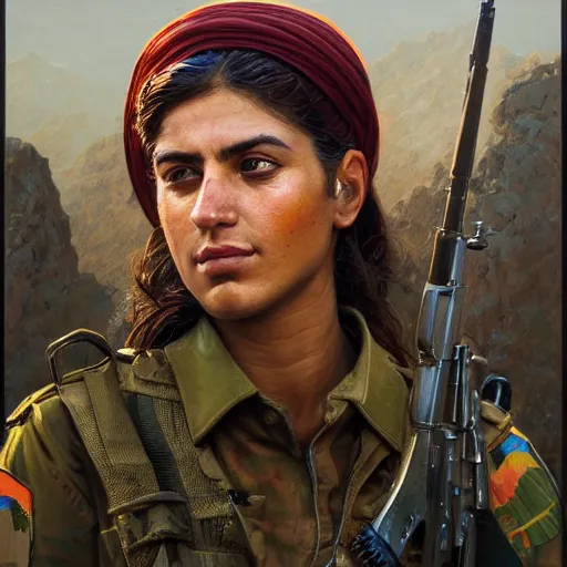 Image similar to a portrait of a beautiful woman Kurdish YPJ soldier, detailed, centered, digital painting, artstation, concept art, donato giancola, Joseph Christian Leyendecker, WLOP, Boris Vallejo, Breathtaking, 8k resolution, extremely detailed, beautiful, establishing shot, artistic, hyperrealistic, beautiful face, octane render