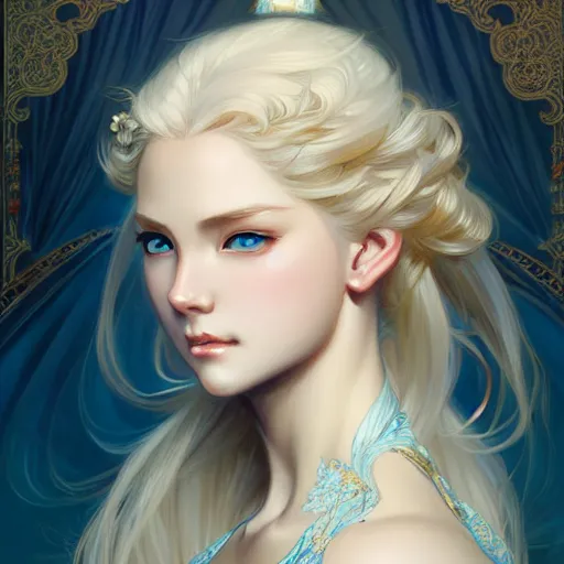 Image similar to elegant Chinese princess, D&D, blue eyes, blonde hair, fantasy, intricate, elegant, highly detailed, digital painting, artstation, concept art, smooth, sharp focus, illustration, art by artgerm and greg rutkowski and alphonse mucha