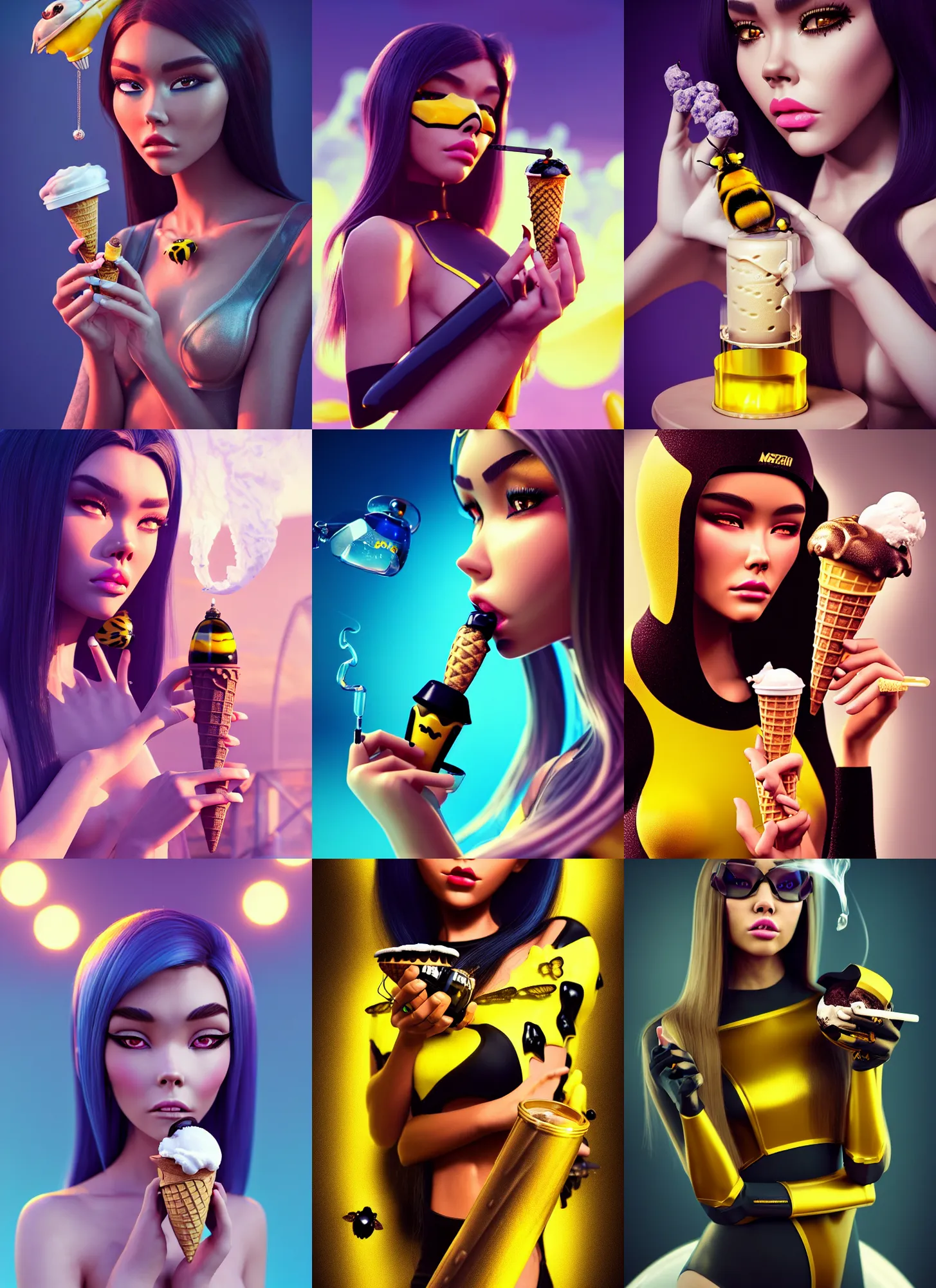 Prompt: mechanistic obsidian madison beer edm bumblebee smoking ice cream bong | elaborate jewelry | glamorous oily soft polished rich vixen ornate modern | weta disney pixar movie still photo | hi - fructose, sci fi fantasy, smooth, octane render, sharp focus, artstation, concept art | beeple, feng zhu, artgerm, mucha, rutkowski |