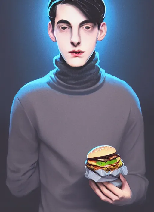 Image similar to portrait of teenage jughead jones wearing a light grey crown, crown, eating hamburger, blue turtleneck, eyes closed, crown, black hair, intricate, elegant, glowing lights, warm lighting, highly detailed, digital painting, artstation, concept art, smooth, sharp focus, illustration, art by wlop, mars ravelo and greg rutkowski