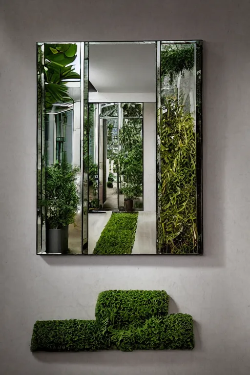 Image similar to Medium Format Portrait Photo of a modern architectural interior made of mirrors with many beautiful plants and flowers. award winning, slim Arrons style, highly detailed, depth of field, Kodachrome, wide shot, photo print.