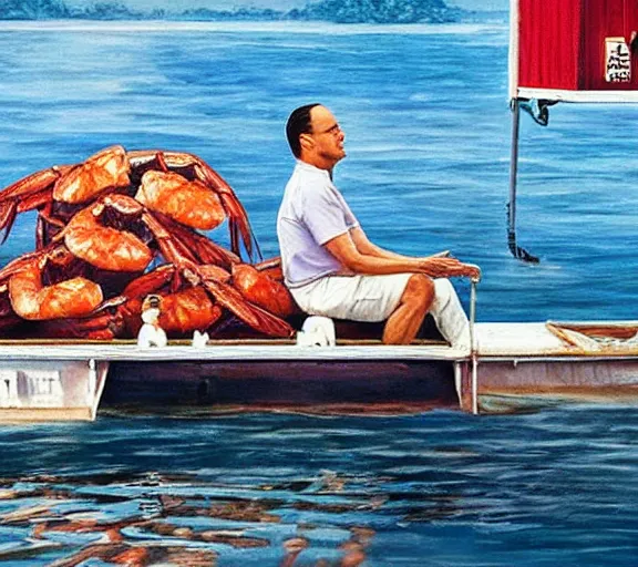 Image similar to Tom hanks as forrest gump sitting in a giant shrimp boat, majestic beautiful world, realism painting, amazing detail