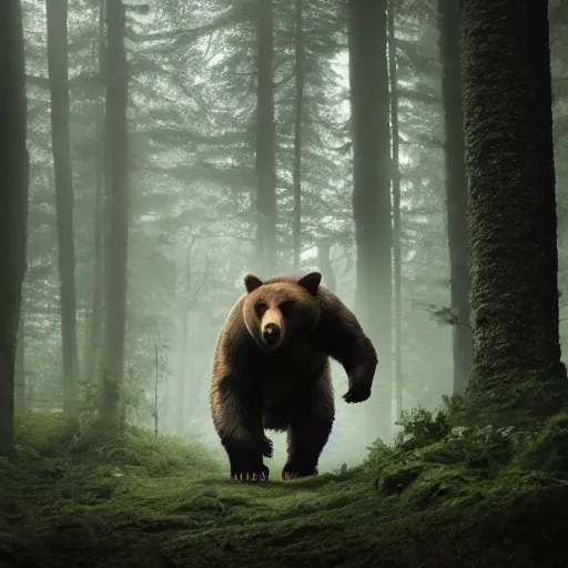 Image similar to a large bear-shaped lovecraftian monster running quickly through a woodland, magical forest, fantasy, Ireland, England, king Arthur, Lord of the rings, cinematic, realistic style, beautiful, majestic, dramatic lighting, early morning, dawn CGsociety, realistic, hyper maximalist, golden ratio, octane render, rule of thirds, wide shot , 8k resolution, epic volumetric light, cinematography, concept art, Artstation trending, environments, fantasy