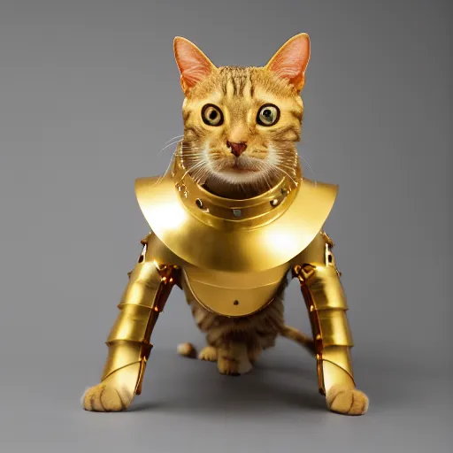 Image similar to a cat wearing gold plated armor, studio lighting