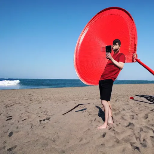 Image similar to vitalik buterin on a red beach taking a selfie