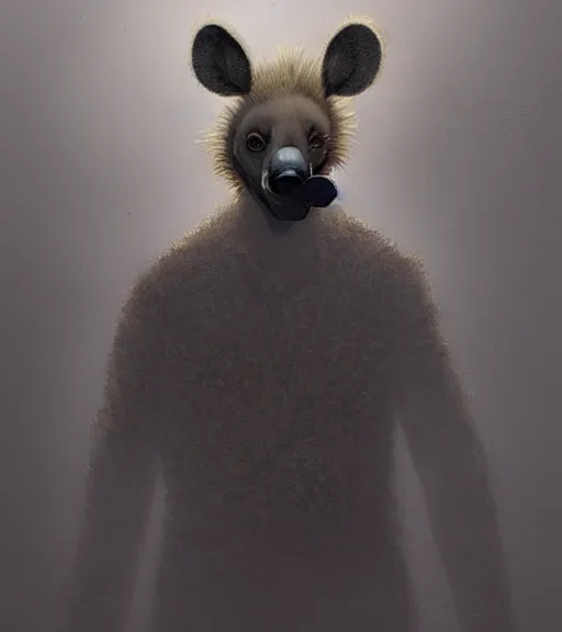 Image similar to extremely foggy dirt road portrait of furry anthro anthropomorphic spotted hyena head animal person fursona wearing clothes strange cybernetic muzzle gloomy digital art by Greg Rutkowski, Simon Stalenhag, christopher nolan trending on Artstation, CGSociety