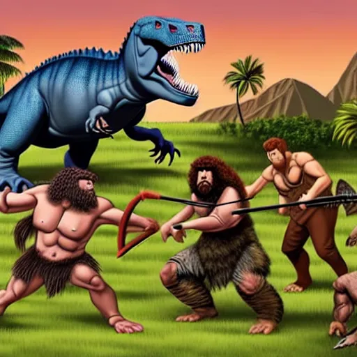 Image similar to A large dinosaur! fighting with several realistic detailed cavemen with proportioned bodies, next to the dinosaur are cavemen, the cavemen are armed with spears, the caveman are in a fighting stance, the cavemen are wearing animal furs, one caveman is stabbing the dinosaur with his spear, one caveman is cowering in fear, coarse canvas, visible brushstrokes, intricate, extremely detailed painting by William Turner (and by Greg Rutkowski)