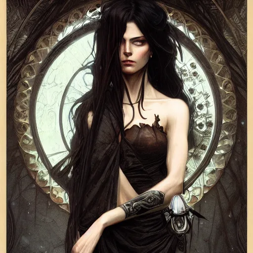 Prompt: photograpic portrait of a pretty dark sorceress, fantasy, ominous, intricate, elegant, highly detailed, digital painting, artstation, concept art, smooth, sharp focus, illustration, art by artgerm and greg rutkowski and alphonse mucha