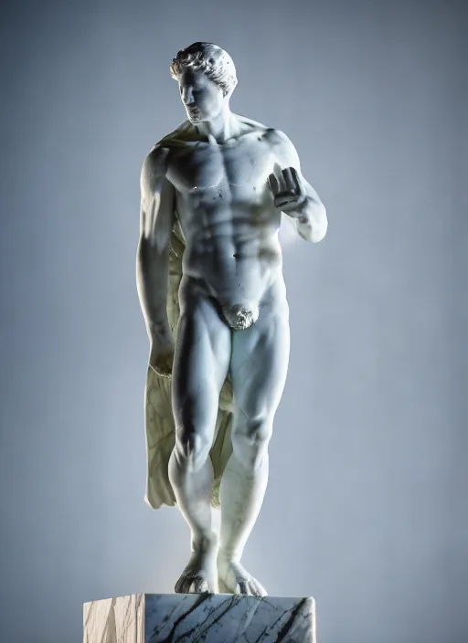 Image similar to moon knight as marble statue by michelangelo, high lights, 4 k, high detailed photography, 5 0 mm lens, depth of field, cinematic