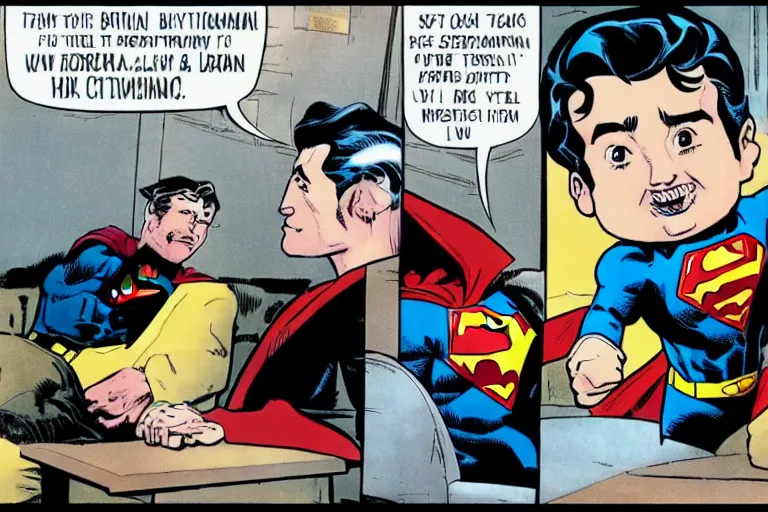 Image similar to Superman and Batman sitting in a train talking about the new marvel movie, as a panel of a Marvel comic