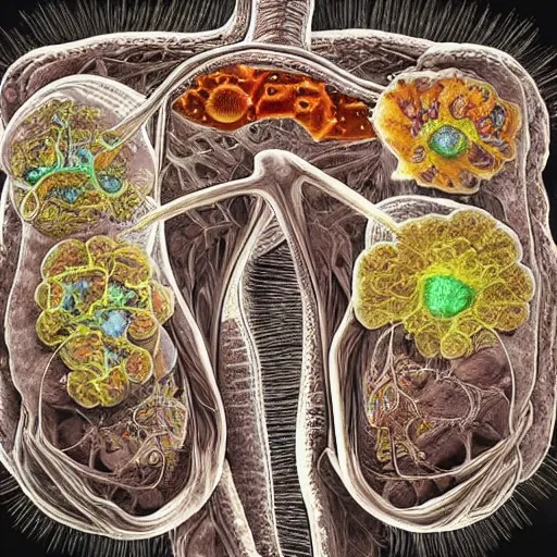 Prompt: organic organ made of organelles, detailed inner anatomy, organic biologic microcosm, artistic insanely detailed view of inside the body,