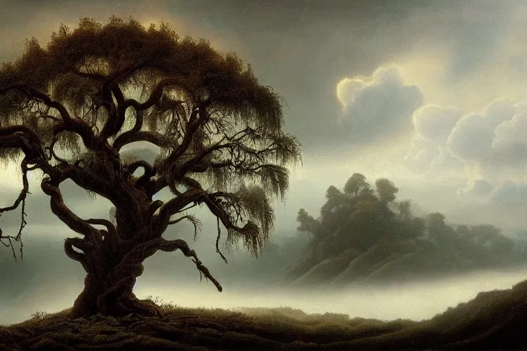 Prompt: masterpiece painting of the old man willow ebony tree of life on a hillside overlooking a creek, dramatic lighting, malign tree - spirit of great age, hyperrealism concept art of highly detailed by andreas franke