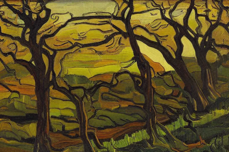 Image similar to masterpiece painting of oak trees on a hillside overlooking a creek, dramatic lighting, by tom thomson