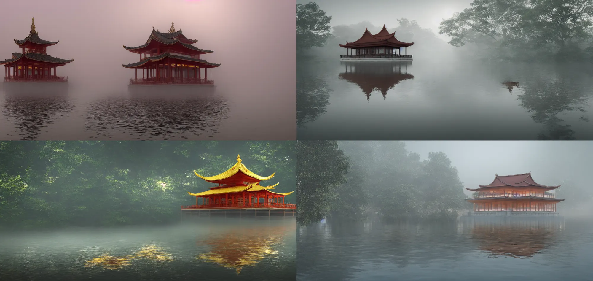 Prompt: floating temple on water, misty, long exposure, ray tracing