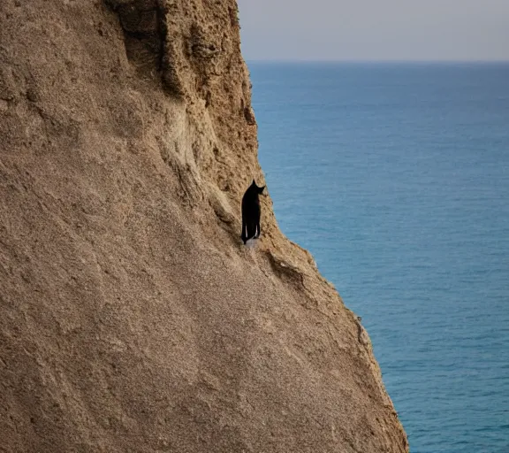 Prompt: a cat standing on a cliff overlooking a beach. hyper realistic and anamorphic 2 0 1 0 s movie still of giovanni falcone, by paolo sorrentino, leica sl 2 3 0 mm, beautiful color, high quality, high textured, lens flare, refined face and muzzle.