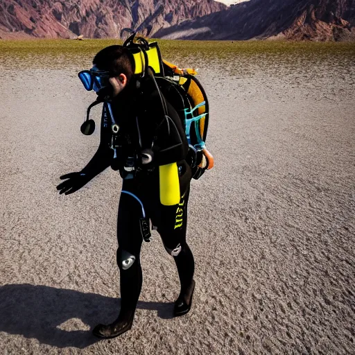 Prompt: a scuba diver with fins on his feet is walking through death valley, bright sunny day, photography, highly detailed, high quality,