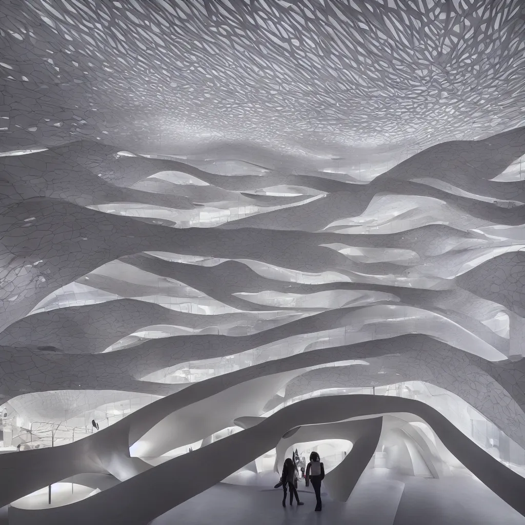 Image similar to “ the interior exhibition halls of a museum of emotions designed by zaha hadid and toyo ito, highly detailed in 4 k ”