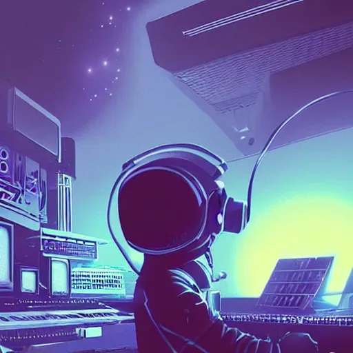 Image similar to an astronaut, using a synthesizer in a music studio, [ floating ]!!, synthwave art style, illustrated by greg rutkowski and ashley mckenzie, trending on cgsociety, golden ratio!!!, centered!!!, intricate