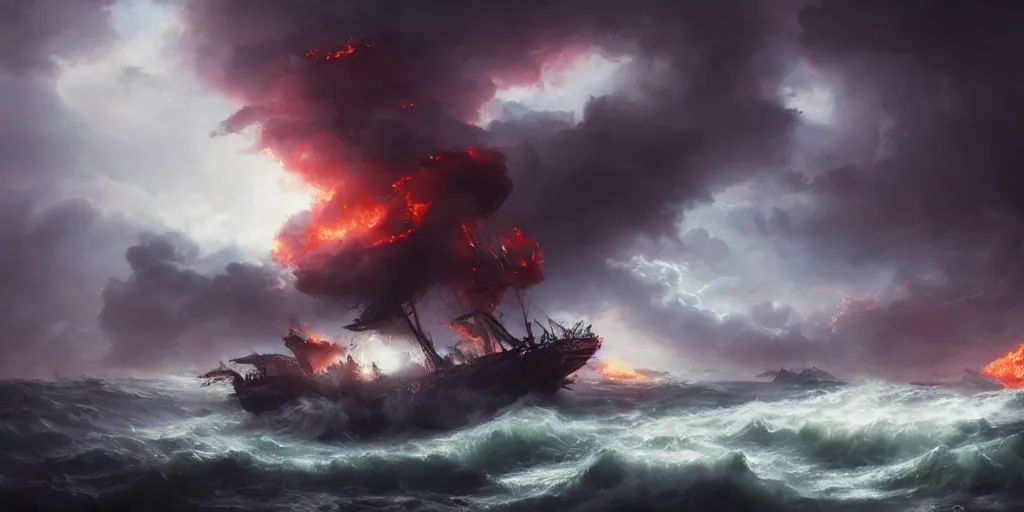 Prompt: photo of 8k ghost pirate ship on fire, swirling clouds and dramatic lighting, crashing waves, storm, lighting, full of colour, cinematic lighting, battered, trending on artstation, 4k, hyperrealistic, focused, extreme details,unreal engine 5, cinematic, masterpiece, art by Peter Mohrbacher