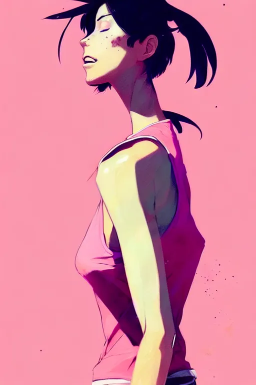 Image similar to a ultradetailed beautiful painting of a stylish woman in a pink tank top, by conrad roset, greg rutkowski and makoto shinkai trending on artstation