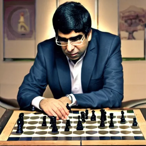 Prompt: photo of Vishwanathan Anand looking at a chess board, photo journalism, photography, cinematic, national geographic photoshoot