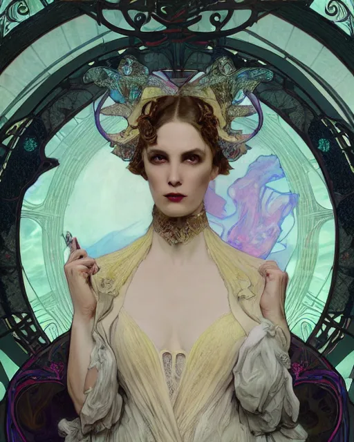 Image similar to alfons mucha and wlop detailed portrait digital rococo painting of a beautiful serious villainess wearing fantasy clothing like liliana vess, villainess has black angel wings, evil mood, hellish battlefield in the background, unreal engine, embers flying, hyper realism, realistic shading, cinematic composition, blender render, octane render, ultrawide shot