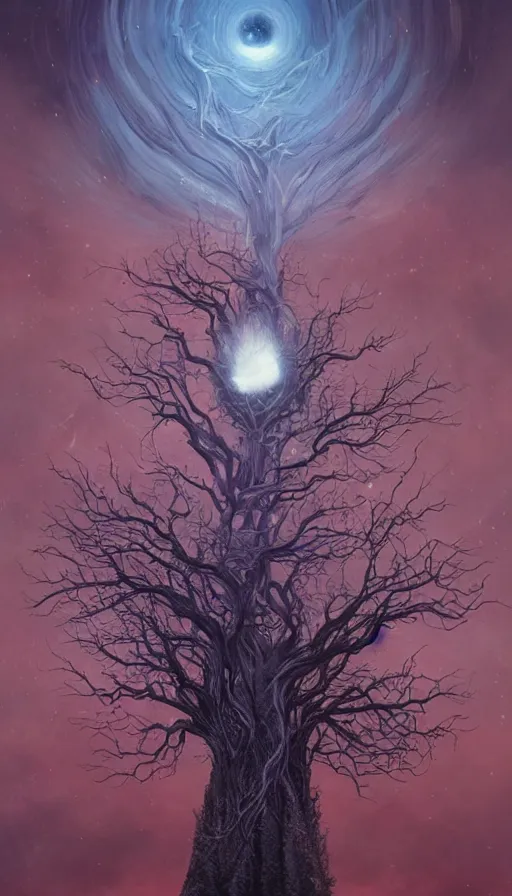 Prompt: the night sky is black and full of stars, huge red eyes are floating in the sky, their irises are red, ethereal tentacle tree, satisfying cable management, by Esao Andrews and Karol Bak and Zdzislaw Beksinski and Lady Frieda Harris, trending on ArtStation, volumetric smoke