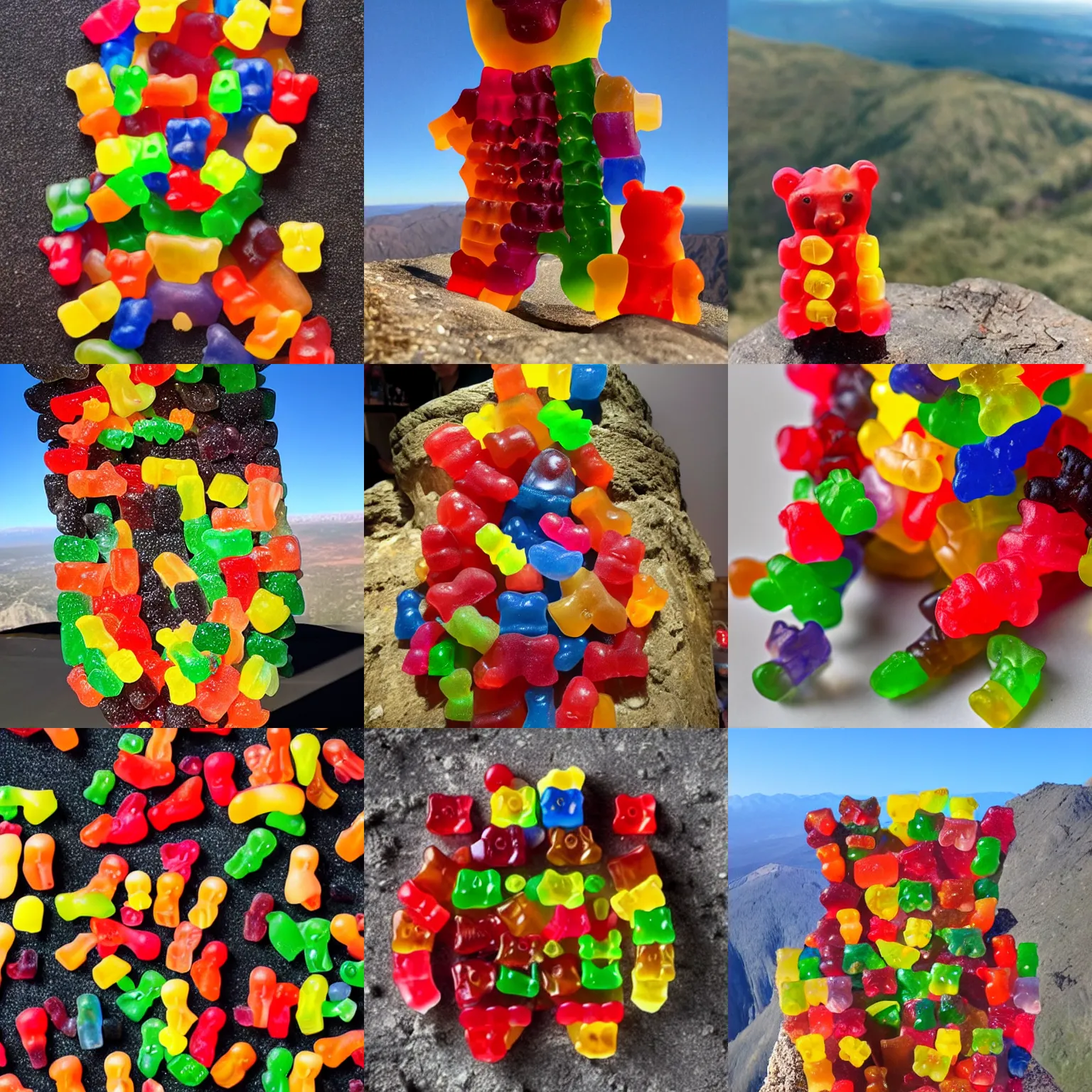 Prompt: a mummy made out of gummy bears, on top of a mountain