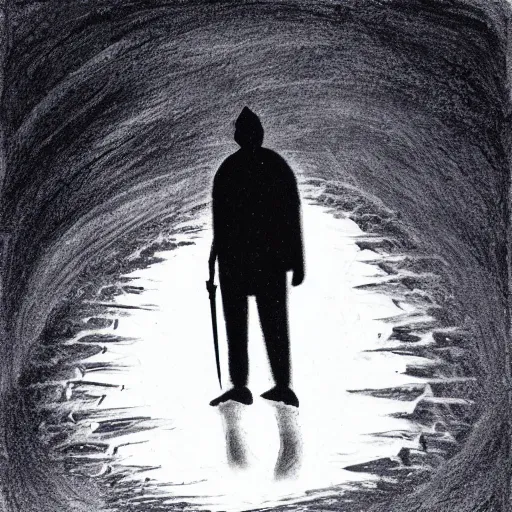 Image similar to ink pen drawing of a dark sewer with a man's silhouette, inverted colors