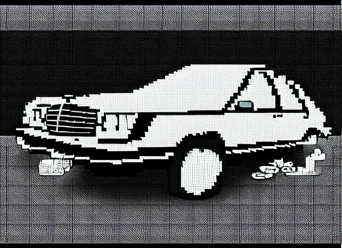 Image similar to synthesized hologram aiburning wrecked mercedes 1 2 4, pixelart, game 8 - bit monochrome gameboy!!, award winning. dramatic. trending on artstation, low resolution sync