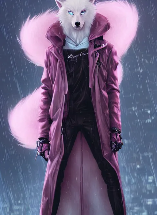 Image similar to award winning beautiful portrait commission of a male furry anthro albino wolf fursona with a tail and a cute beautiful attractive detailed furry face wearing stylish black and pink cyberpunk clothes in a cyberpunk city at night while it rains. Character design by charlie bowater, ross tran, artgerm, and makoto shinkai, detailed, inked, western comic book art