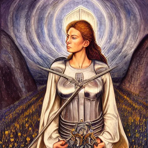 Prompt: jeanne d'arc in the style of william blake, terese nielsen, detailed, intricate, beautiful faces, steve argyle, o fortuna!, detailed, intricate pastoral fantastic reality, 8 k resolution,