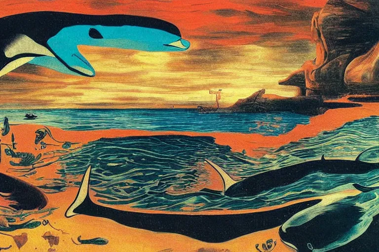 Prompt: view of underwater landscape with an orca, bold colours, atmospheric, surrealist, golden hour, highly detailed, dramatic lighting, moody, by dali and moebius and picasso and corben and giorgio de chirico and el greco and munch