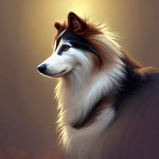 Image similar to a weredog shetland sheepdog, elegant, highly detailed, digital painting, concept art, smooth, sharp focus, illustration, art by artgerm and greg rutkowski and alphonse mucha,artstation,deviantart,FAN ART,Unreal Engine,face enhance,8K,golden ratio,cinematic lighting H 704