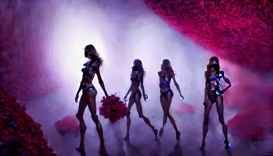 Image similar to victoria secret runway show, light, shadows, reflections, flowers, epic composition, intricate, elegant, volumetric lighting, digital painting, highly detailed, artstation, sharp focus, illustration, concept art, ruan jia, steve mccurry, artgerm, greg rutkowski, mina petrovic, timothy kong, marina federovna, masterpiece, iconic