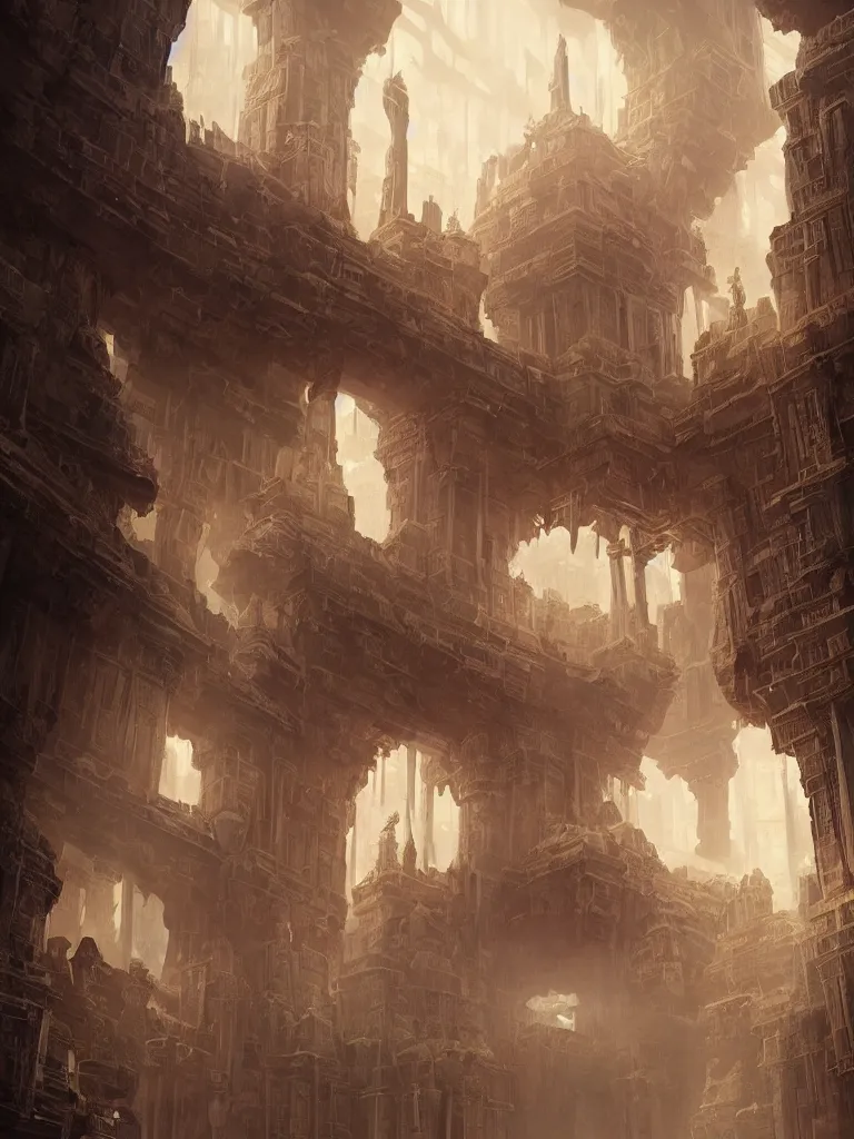 Prompt: a dream temple environment where one draws mystical energy into their heart and finds the secret to the infinite lives they have lived thus far, ancient ceremonial futuristic architecture, pristine concept art, symmetrical, in the style of Ross Tran and WLOP