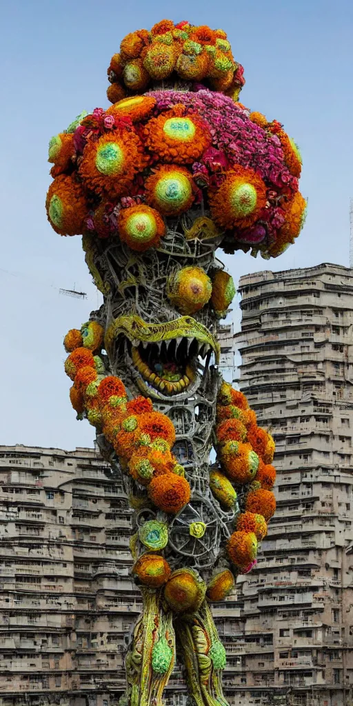 Image similar to colossal psyhedelic alien predator flower made from worst unfulfilled mankind projects in the middle of abandoned post soviet constructivist cityscape, Stalinist architecture, ultradetailed, Intricate by Niruyoshi Ohrai and Hayao Miyazaki and Josan Gonzalez and Makoto Shinkai and Giuseppe Arcimboldo and Wes Anderson