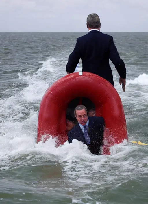 Image similar to Photograph of Nigel Farage crossing the British Channel in a sinking dingy, drowning, realistic, high quality, photography