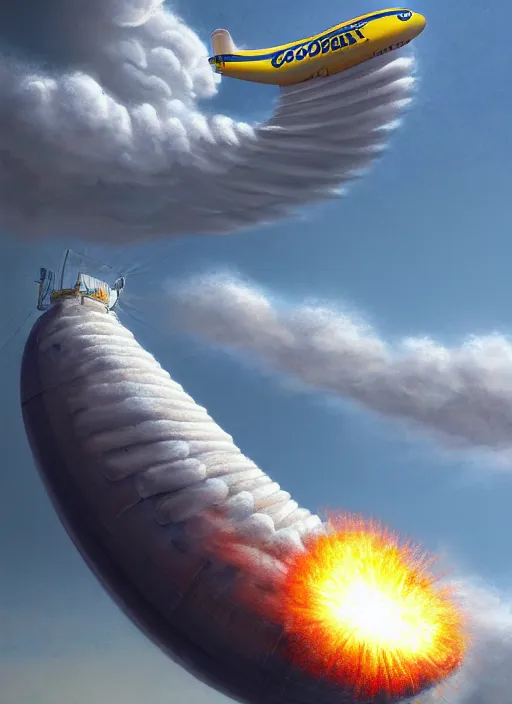 Prompt: the goodyear blimp, in the air, firing a mounted railgun at the michelin man down below, elegant intricate digital painting artstation concept art by mark brooks and brad kunkle, extreme detailed