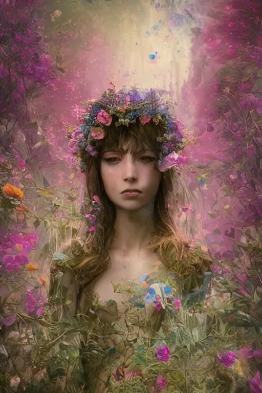 Image similar to elaborately detailed close up portrait of an extremely beautiful girl surrounded by flowers, an eerie mist and ethereal rainbow bubbles, Aetherpunk, high fantasy matte painting, fantasy matte painting movie poster, Art Nouveau, smooth, sharp focus, atmospheric lighting, highly detailed illustration highlights, backlight, golden ratio, 8K detail post-processing, symmetrical facial features, rich deep moody colors, majestic, dark epic fantasy, award winning picture, sense of awe, featured on DeviantArt, trending on cgsociety