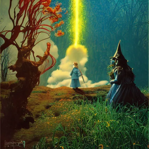 Image similar to Wizard of oz movie poster, by lawrence alma-tadema and zdzislaw beksinski and norman rockwell and jack kirby and tom lovell and greg staples, artstation creature art