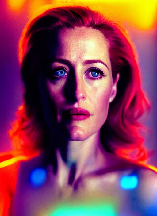 Prompt: A hyper realistic and detailed head portrait photography of Gillian Anderson in iridescent dress on a futuristic street. by Annie Leibovitz. Neo noir style. Cinematic. neon lights glow in the background. Cinestill 800T film. Lens flare. Helios 44m