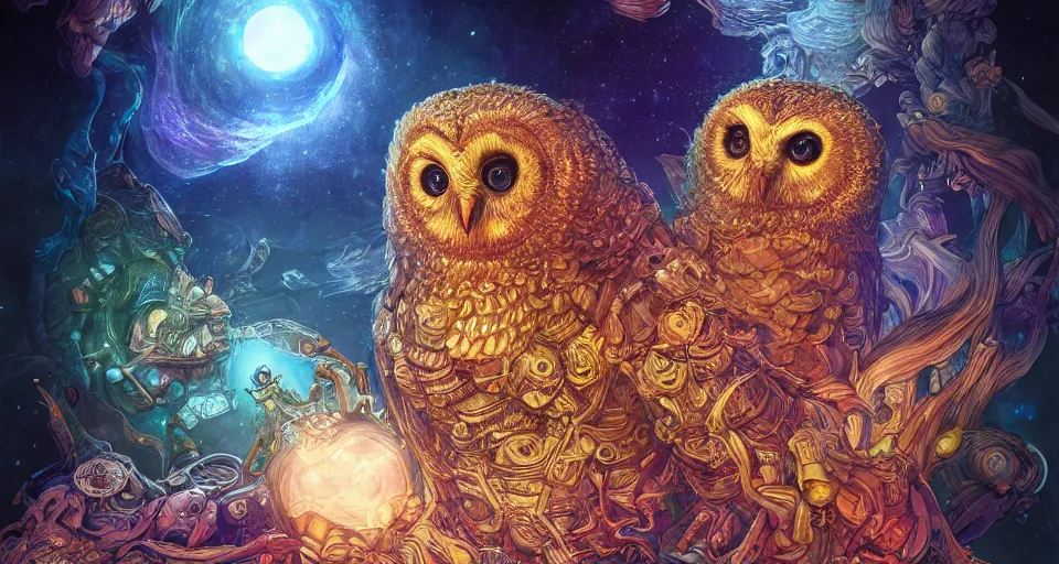 Image similar to the portrait of a smiling golden owl in the depths of the universe, an ultrafine hyperdetailed illustration by kim jung gi, irakli nadar, intricate linework, bright colors, octopath traveler, final fantasy, unreal engine 5 highly rendered, global illumination, radiant light, detailed and intricate environment, - h 1 0 2 4