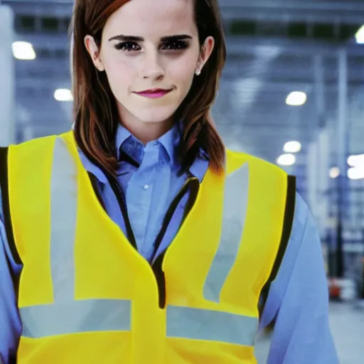 Image similar to photo, close up, emma watson in a hi vis vest, in amazon warehouse, portrait, kodak gold 2 0 0,