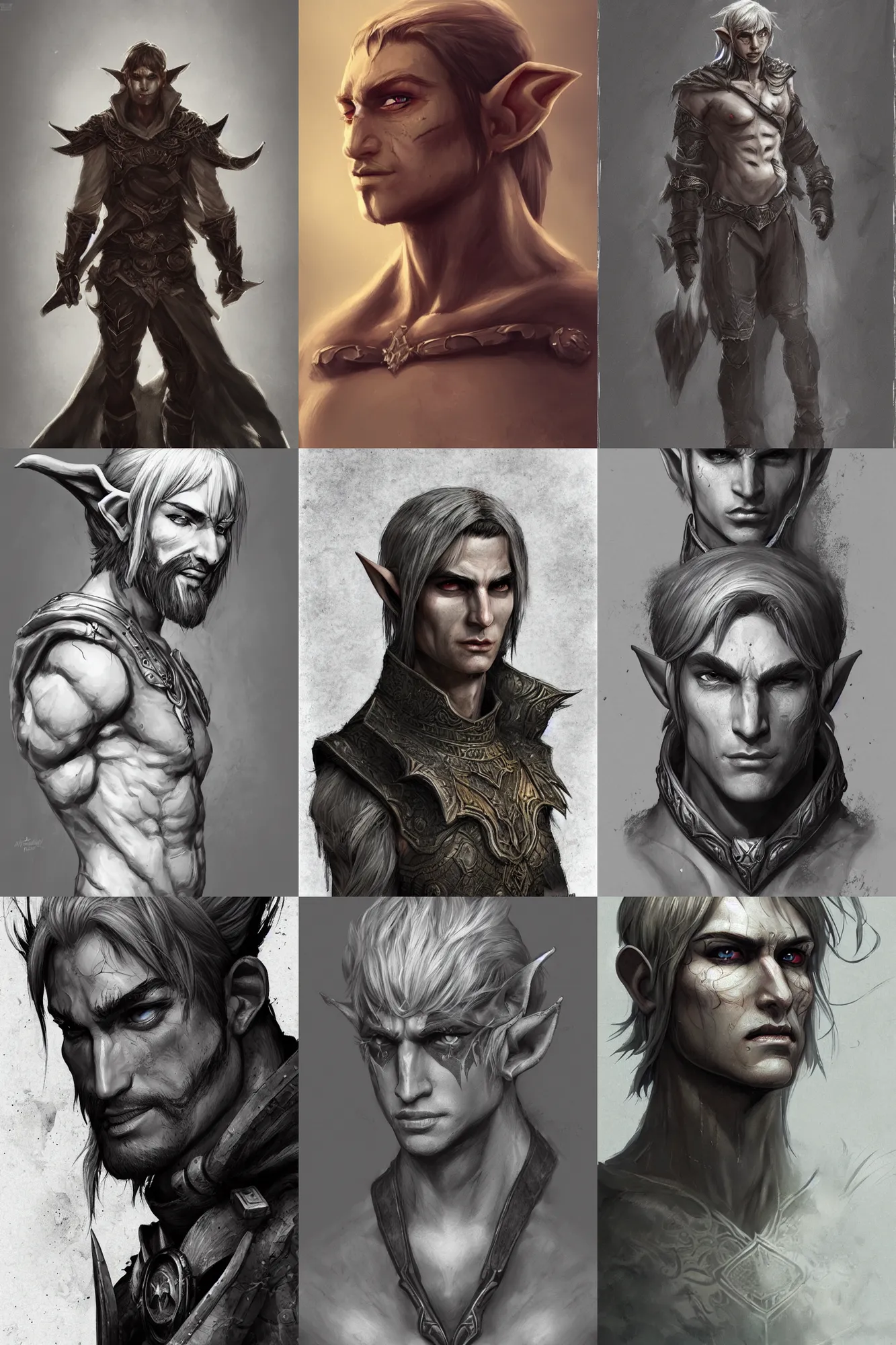 Prompt: A full body illustration of a male elf, attractive, command presence, royalty, weathered face, gritty, hard shadows, smooth, illustration, concept art, highly detailed, ArtStation, ArtStation HQ