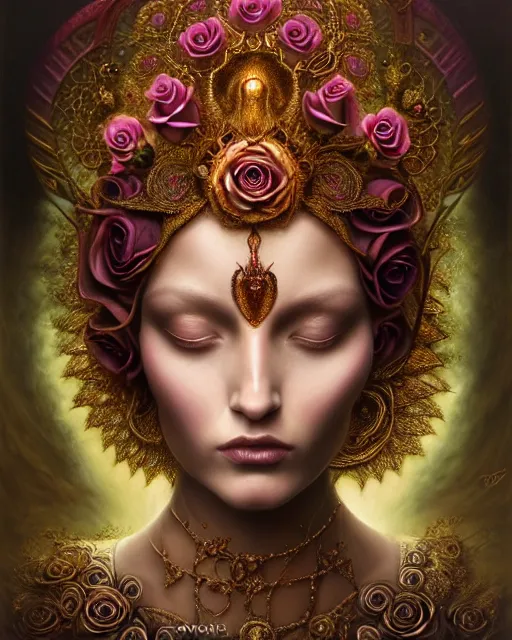 Image similar to portrait of a beautiful rose goddess, unusual beauty, esoteric, outher worldly colours, head in focus, fantasy art, ornamental rose aesthetics,, intricate, elegant, highly detailed hyperrealistic painting, artstation, concept art, painterly, golden ratio, sharp focus, illustration, art by tomasz alen kopera