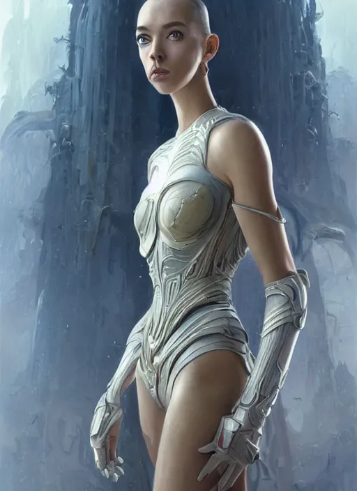 Image similar to a professional painting of a beautiful young female alien, clothed in ethereal armor, olive skin, long dark hair, beautiful bone structure, symmetrical facial features, intricate, elegant, digital painting, concept art, smooth, sharp focus, illustration, from Valerian and the City of a Thousand Planets, by Ruan Jia and Mandy Jurgens and Artgerm and William-Adolphe Bouguerea